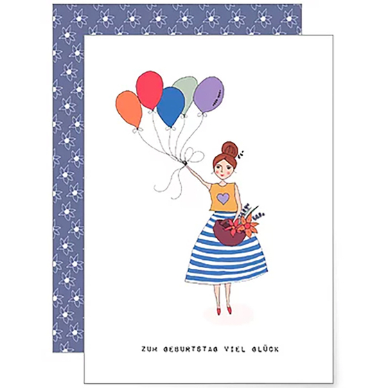 Grußklappkarte mit Kuvert Dame mit Ballons